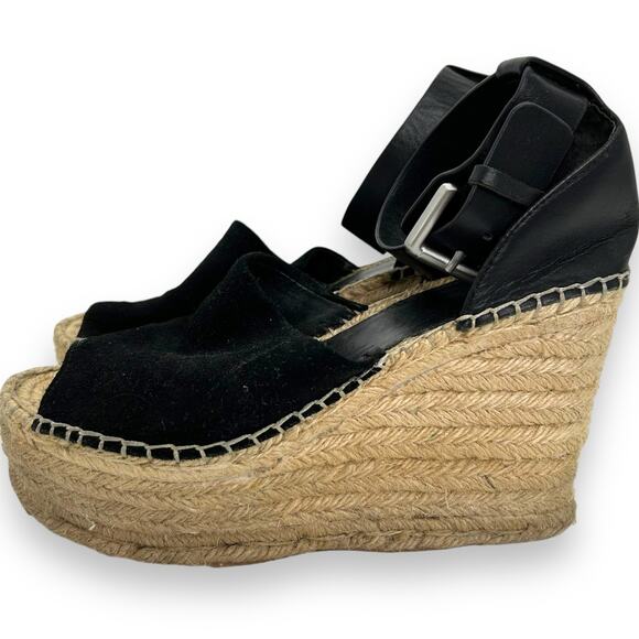Marc Fisher Platform Espadrille Wedge SZ 7 Black Suede Leather Heels Boho Beach - Picture 4 of 6